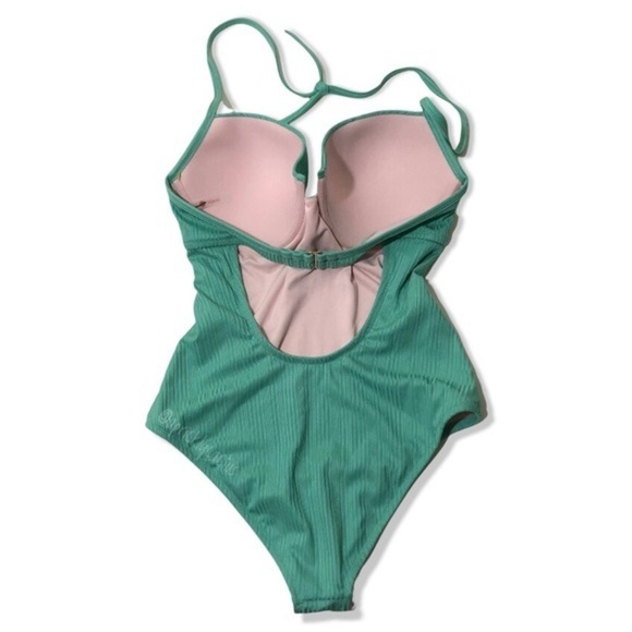 NWOT Aqua Turquoise Blue Green Ribbed Push Up Cups Swimsuit One Piece New - Picture 4 of 9